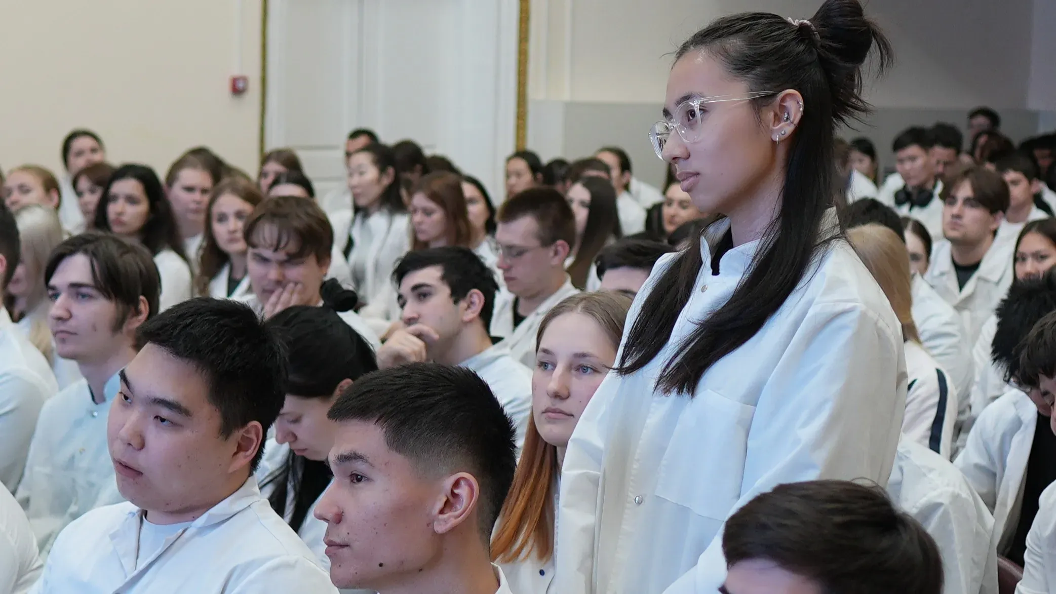First-year students meeting the acting rector and vice-rectors at Amur State Medical Academy - affordable mbbs university